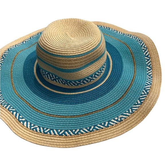 Tahari Accessories - Tahara Blue Multi Textured Metallic Detailed Straw Sun Hat 🆕
